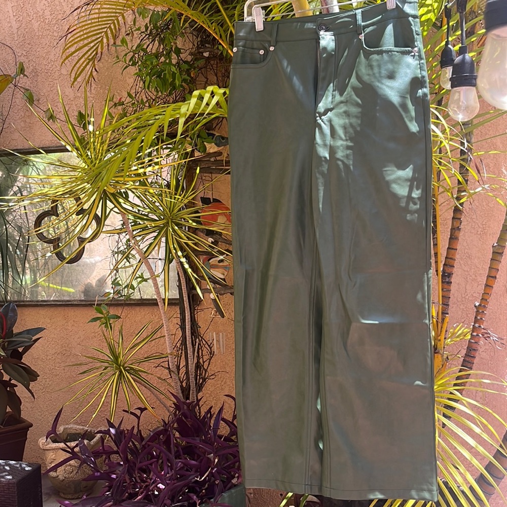 Forest green, straight legged, faux leather pants!